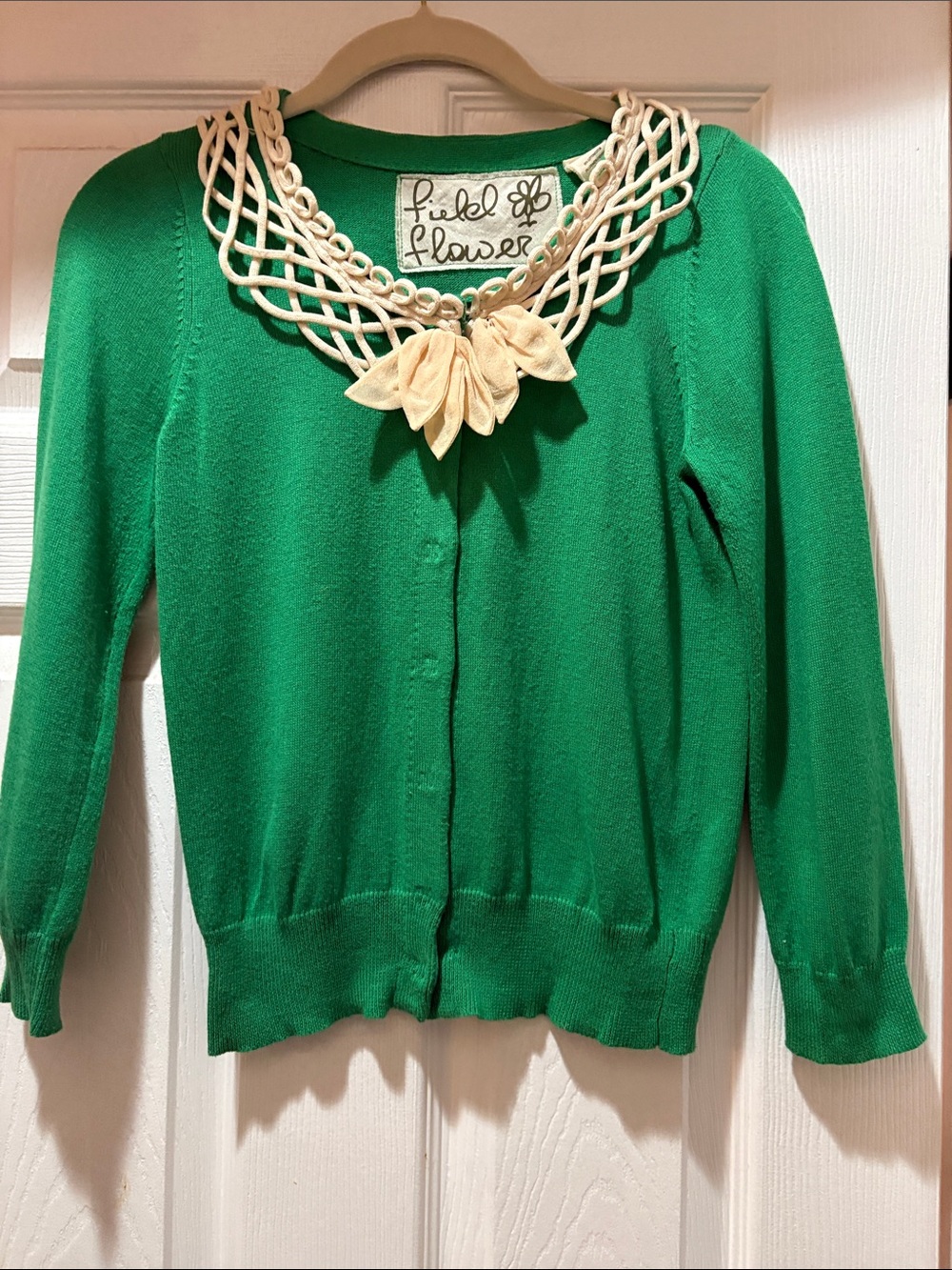 Field Flower Green Cardigan with Ivory Braided Neckline